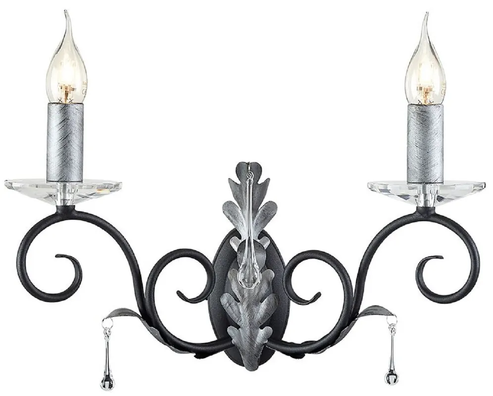Sichere Zahlung Casa Padrino lámpara de pared doble barroco negro / plata 37 x 19 x A. 38 cm - Lámpara de pared con hojas de roble hechas a mano y gotas de vidrio decorativas - Lámparas de pared de estilo barroco