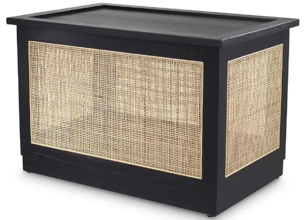 Nur Für Kurze Zeit Casa Padrino cofre de lujo con tapa negro / natural 72 x 46 x A. 48 cm - Cofre de madera maciza con mimbre de ratán - Muebles de Lujo