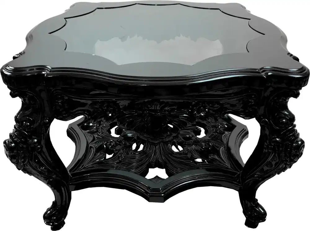 Magnífica mesa de centro barroca de lujo tallada a mano negra con placa de vidrio insertada 76 x 76 x H 52,5 cm de Casa Padrino Finale Aktion