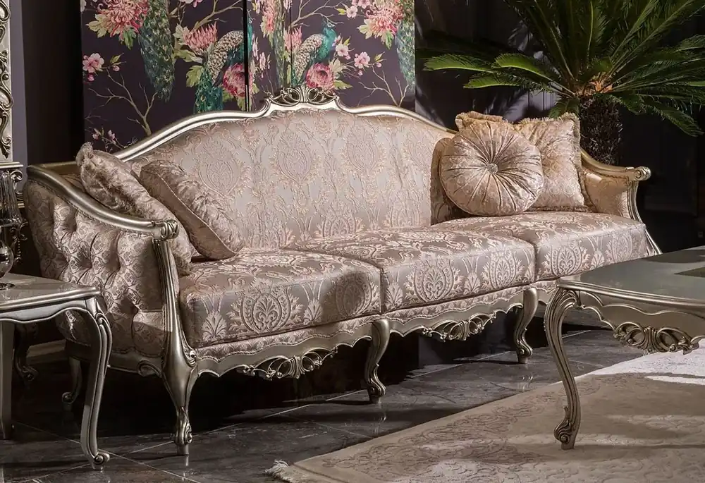 Begrenztes Angebot Casa Padrino sofá de salón barroco de lujo rosa / plata 245 x 83 x A. 104 cm - Sofá de madera maciza con patrón elegante y cojines decorativos - Muebles de salón en estilo barroco