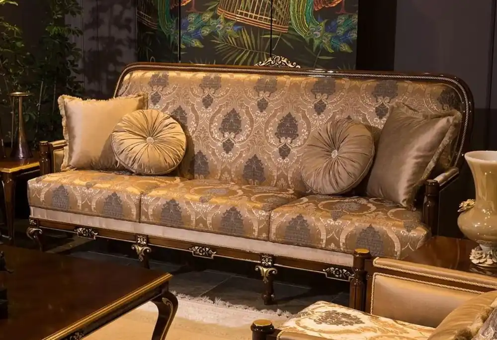 Preisknaller Casa Padrino sofá barroco de lujo gris / marrón / oro 221 x 80 x A. 110 cm - Sofá de salón con patrón elegante y cojines decorativos - Muebles de salón nobles en estilo barroco