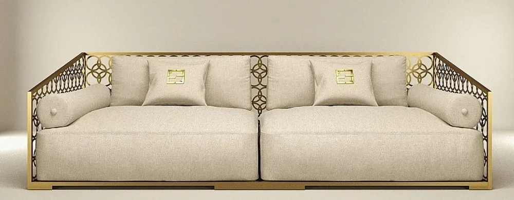 Expressversand Casa Padrino sofá de lujo de 3 plazas marfil / oro champán 325 x 109 cm - Sofá hecho a mano con cojines - Sofá de sala de estar - Sofá de jardín - Sofá de terraza - Muebles de hotel - Calidad de Lujo