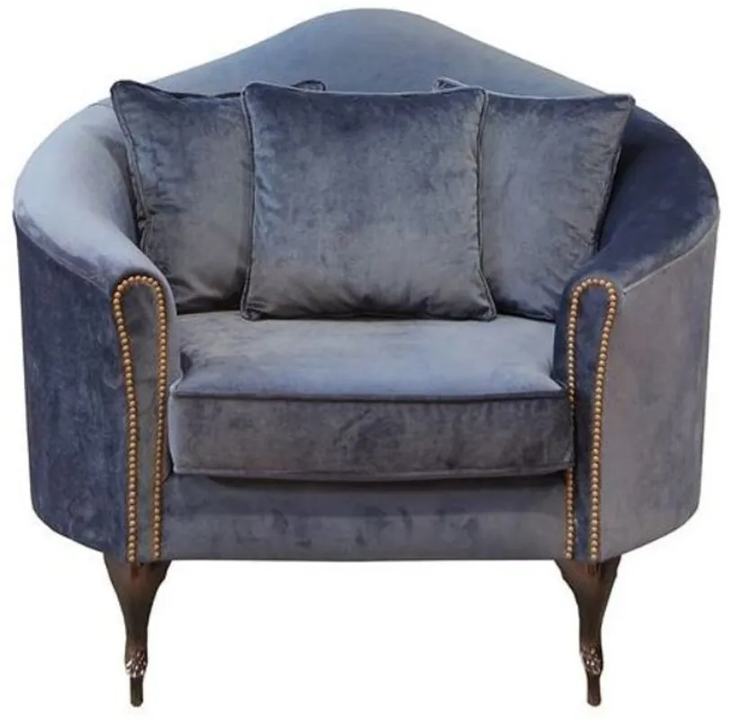 Casa Padrino sillón de terciopelo barroco de lujo azul / marrón oscuro 120 x 90 x A. 100 cm - Sillón de salón noble con cojines decorativos - Muebles de salón barrocos - Calidad de Lujo Letzte Chance