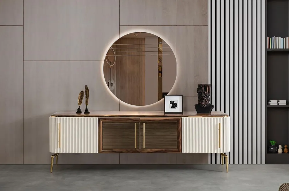 Casa Padrino aparador Art Decó de lujo marrón / blanco / oro 235 x 48 x A. 76 cm - Armario noble con 4 puertas - Muebles Art Deco Nur Heute