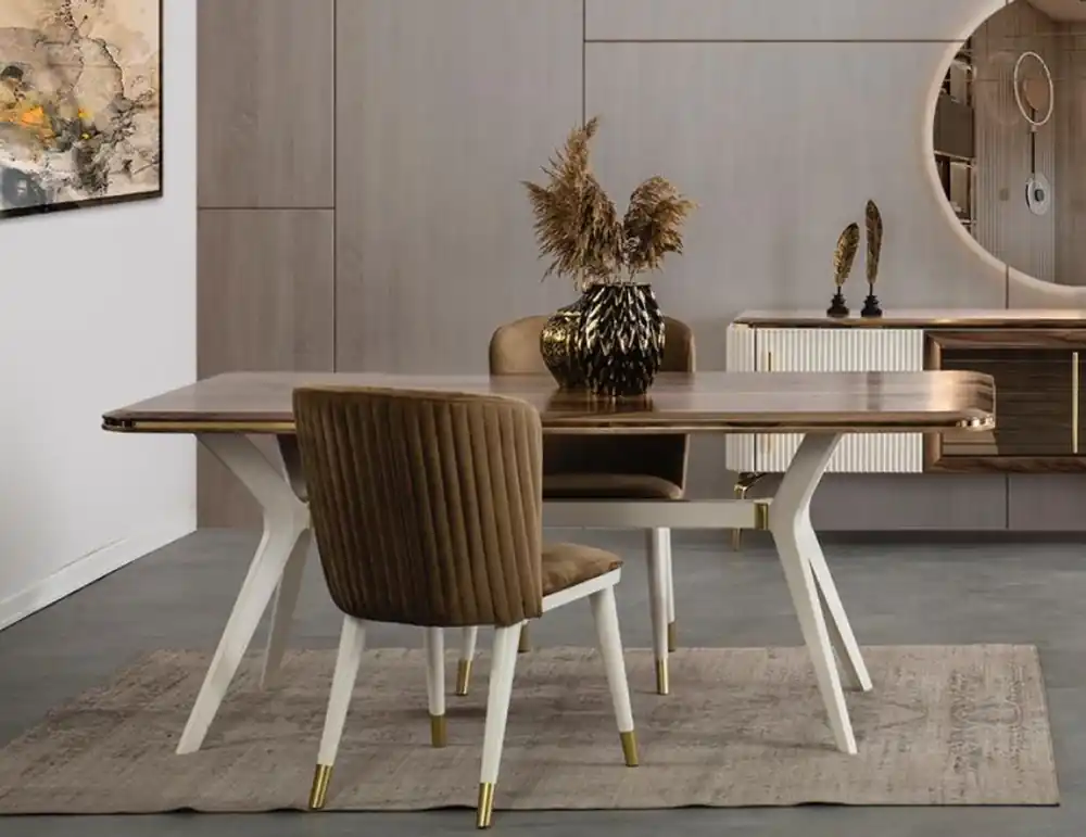 Saisonangebot Casa Padrino conjunto de comedor Art Deco de lujo marrón / blanco / oro - 1 Mesa de Comedor y 6 Sillas de Comedor - Muebles de Comedor Art Deco