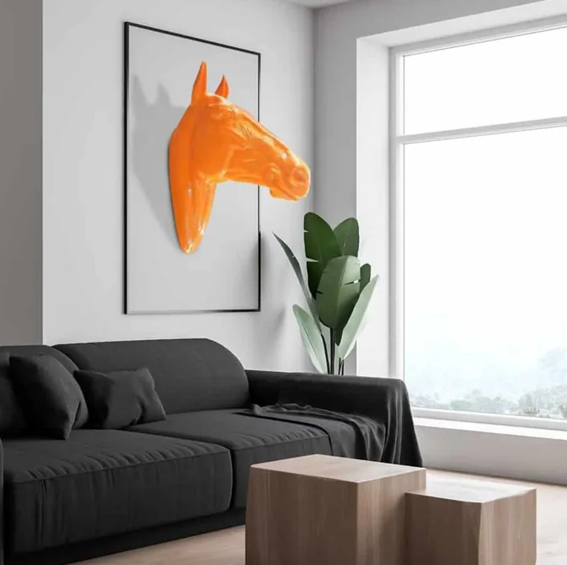 Schneller Versand Casa Padrino escultura de decoración de pared de lujo cabeza de caballo naranja 22 x 57 x A. 76 cm - Figura decorativa resistente a la intemperie - Decoración Salón Jardín Terraza