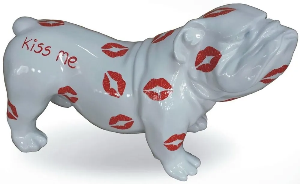 Casa Padrino figura decorativa de diseño perro buldog blanco / rojo 57 x 25 x A. 35 cm - Escultura decorativa resistente a la intemperie - Decoración de Sala de Estar Sofort Bestellen