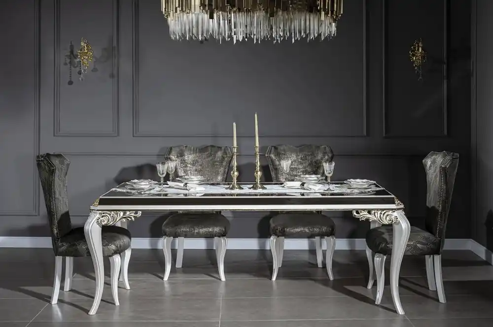Zertifiziert Casa Padrino conjunto de comedor barroco de lujo verde / oro / blanco - 1 Mesa de Comedor con Tapa de Vidrio y 6 Sillas de Comedor - Muebles de comedor de estilo barroco nobles