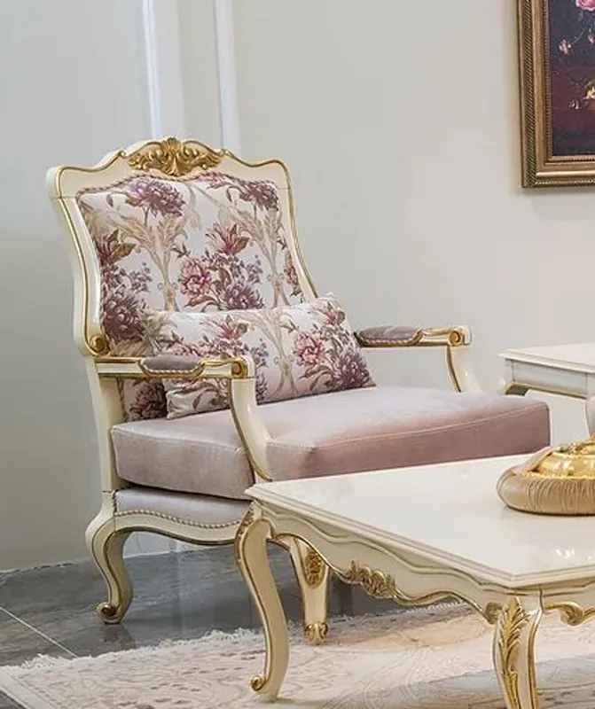 Begrenztes Angebot Casa Padrino sillón barroco de lujo rosa / blanco / oro 80 x 72 x A. 112 cm - Sillón de salón noble con patrón de flores y cojín decorativo - Muebles de salón barrocos
