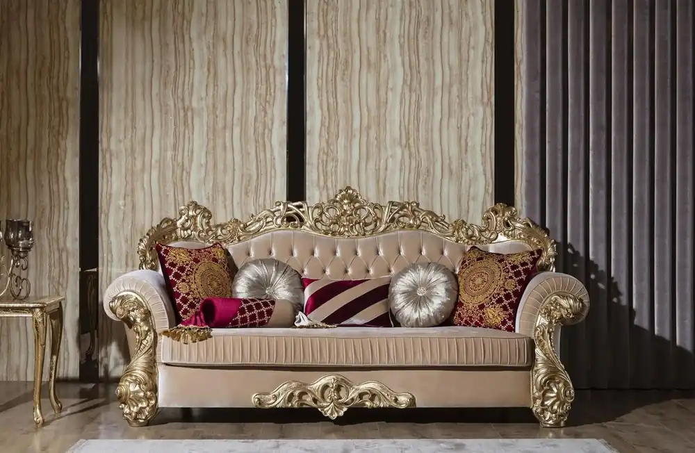 Schnäppchen Casa Padrino sofá barroco de lujo beige / oro 244 x 95 x A. 123 cm - Magnífico sofá de salón con cojines decorativos - Muebles de salón barrocos