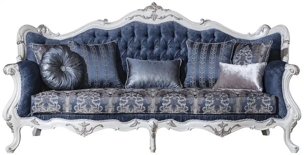 Casa Padrino sofá de salón barroco de lujo con patrón y cojines decorativos azul / blanco / plata 240 x 90 x A. 120 cm - Magnífico mobiliario barroco Top-Preis