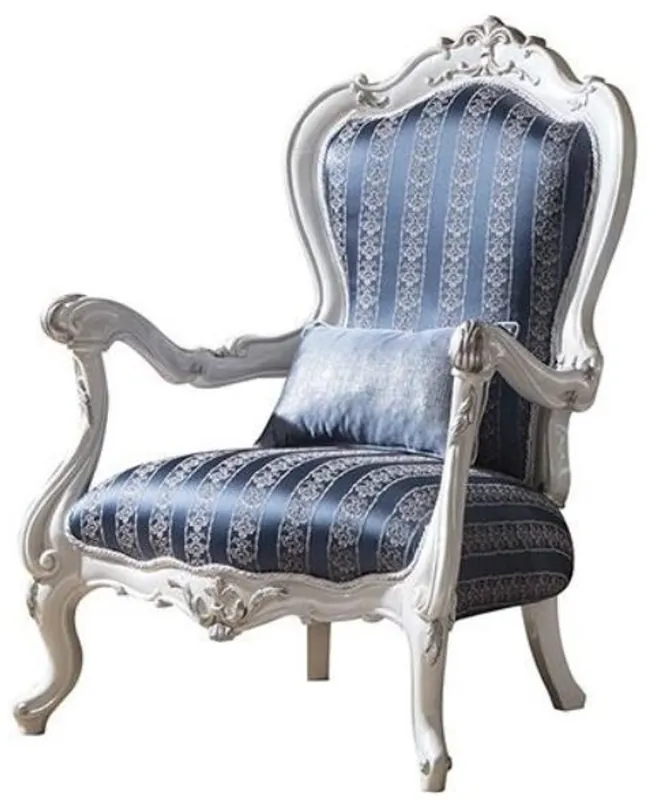 Casa Padrino sillón de salón barroco de lujo con cojín decorativo azul / blanco / plata 80 x 75 x A. 120 cm - Magnífico mobiliario barroco Geprüft