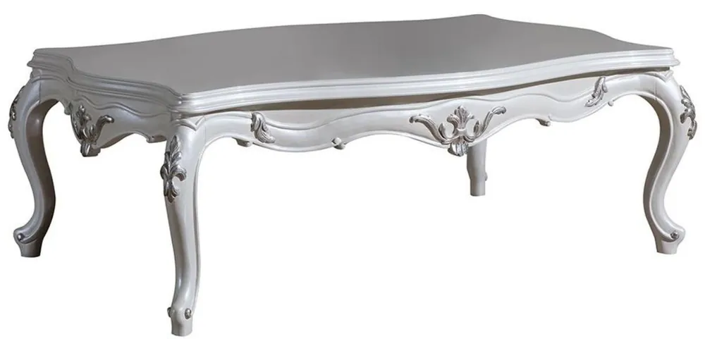 Top-Seller Casa Padrino mesa de centro barroco de lujo blanco / plata 125 x 85 x A. 47 cm - Mesa de salón rectangular de madera maciza - Magnífico mobiliario barroco