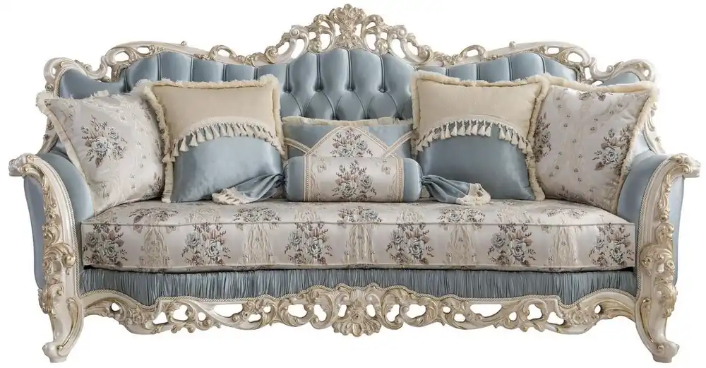 Neu Casa Padrino sofá de salón barroco de lujo con cojines decorativos azul claro / crema / blanco / oro 240 x 90 x A. 120 cm - Muebles de salón barrocos nobles
