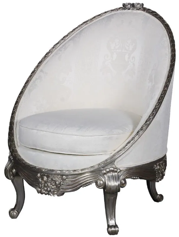 Casa Padrino sillón barroco de lujo blanco / plata 80 x 87 x A. 100 cm - Sillón de salón noble en forma de huevo - Muebles de salón barrocos Kracherpreis
