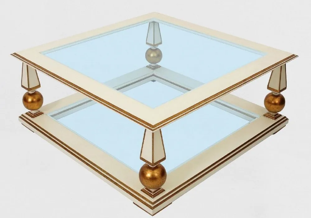 Abverkauf Casa Padrino mesa de centro barroco de lujo blanco / oro antiguo 113 x 113 x A. 47 cm - Magnífica mesa de salón de madera maciza con platos de vidrio - Muebles de salón barrocos