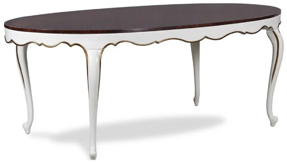 Casa Padrino mesa de comedor barroco de lujo marrón oscuro / blanco / oro 207 x 114 x A. 78 cm - Mesa de cocina ovalada de caoba - Muebles de comedor barrocos - Calidad de Lujo Echt