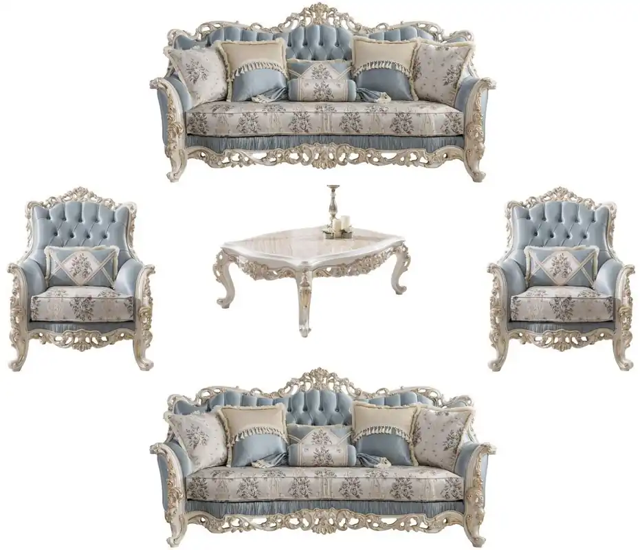 Jetzt Kaufen Casa Padrino conjunto de sala de estar barroco de lujo azul claro / crema / blanco / oro - 2 Sofás y 2 Sillones y 1 Mesa de Centro - Muebles de salón barrocos nobles