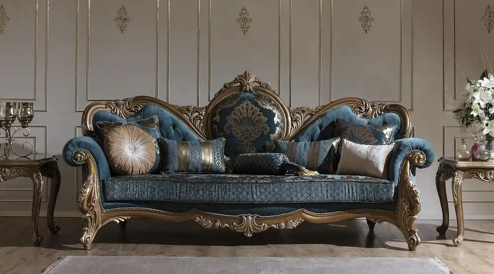 Neue Ware Casa Padrino sofá barroco de lujo azul / oro 260 x 90 x A. 125 cm - Magnífico sofá de salón con patrón elegante y cojines decorativos - Muebles Barrocos