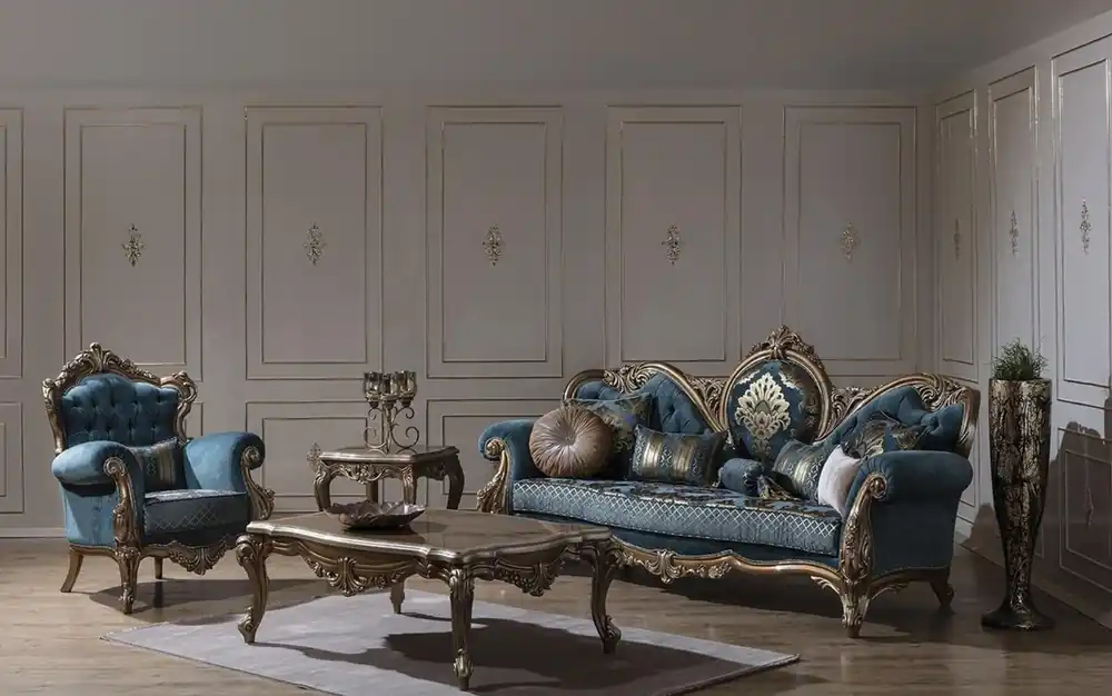 Casa Padrino conjunto de sala de estar barroco de lujo azul / oro - 2 Sofás y 2 Sillones y 1 Mesa de Centro - Magnífico muebles de salón en estilo barroco Direktkauf