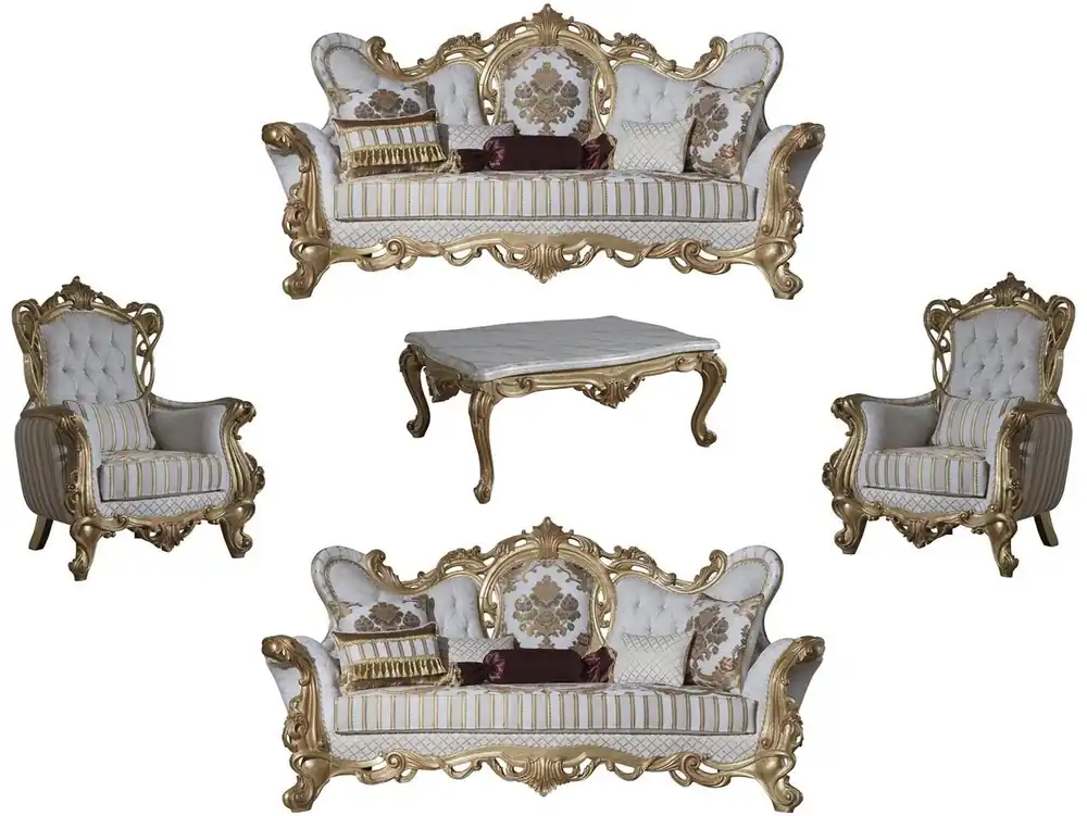 Must-Have Casa Padrino conjunto de sala de estar barroco de lujo blanco / gris / oro - 2 Sofás y 2 Sillones y 1 Mesa de Centro - Muebles de salón barrocos - Noble & Magnífico