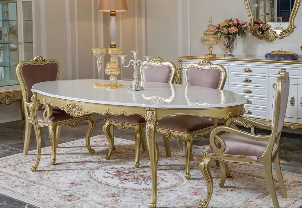 Bestseller Casa Padrino conjunto de comedor barroco de lujo rosa / blanco / oro - 1 Mesa de Comedor Ovalada y 6 Sillas de Comedor - Muebles de comedor en estilo barroco magnífica