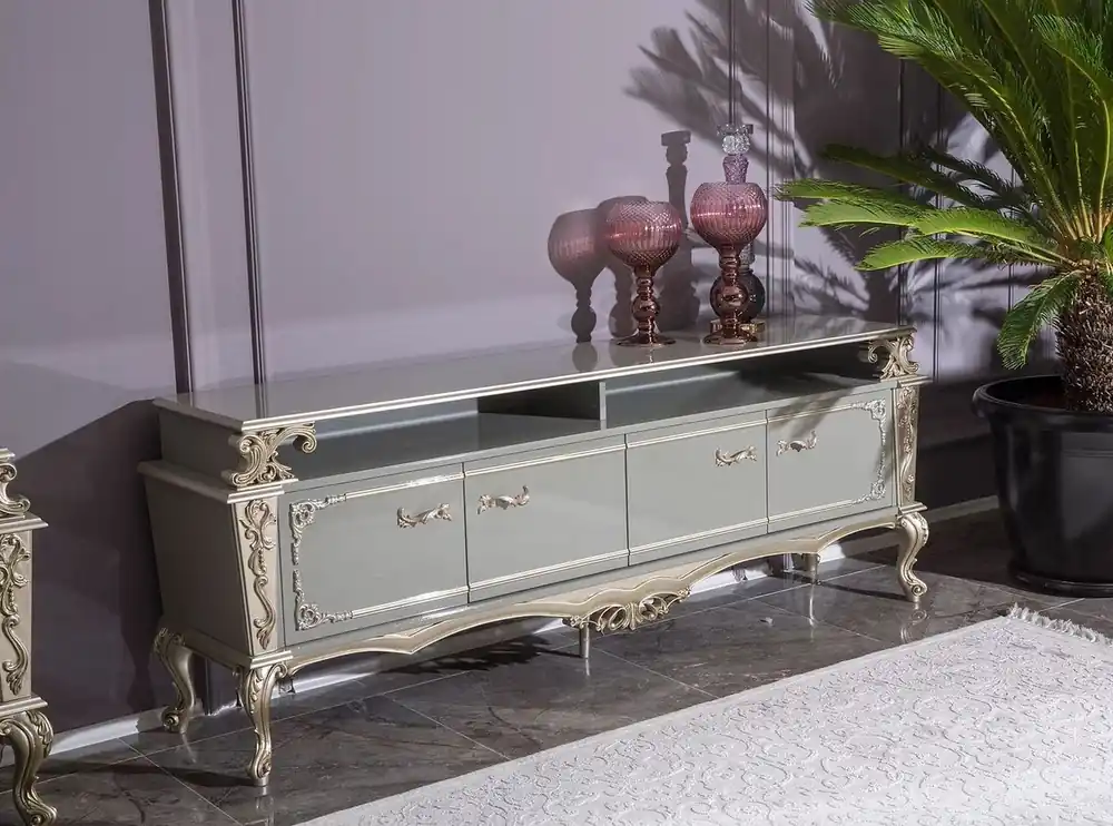 Echt Casa Padrino gabinete TV barroco de lujo gris / plata 205 x 48 x A. 77 cm - Magnífico mueble de TV de madera maciza - Muebles de salón barrocos
