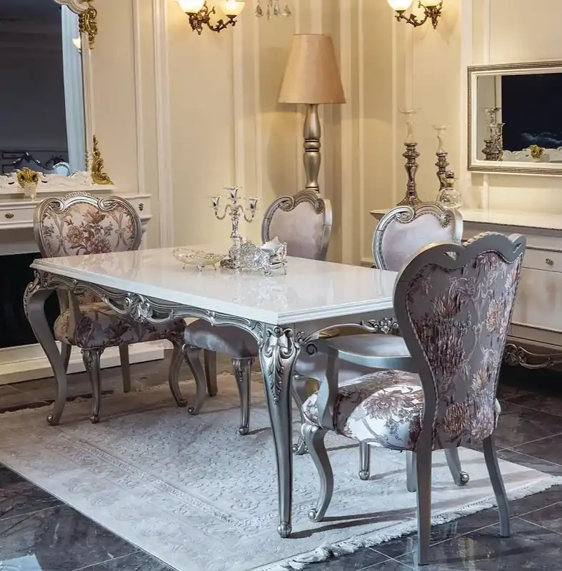 Begrenztes Angebot Casa Padrino conjunto de comedor barroco de lujo rosa / blanco / plata - 1 Mesa de Comedor y 6 Sillas de Comedor - Muebles de comedor en estilo barroco - Muebles barrocos nobles