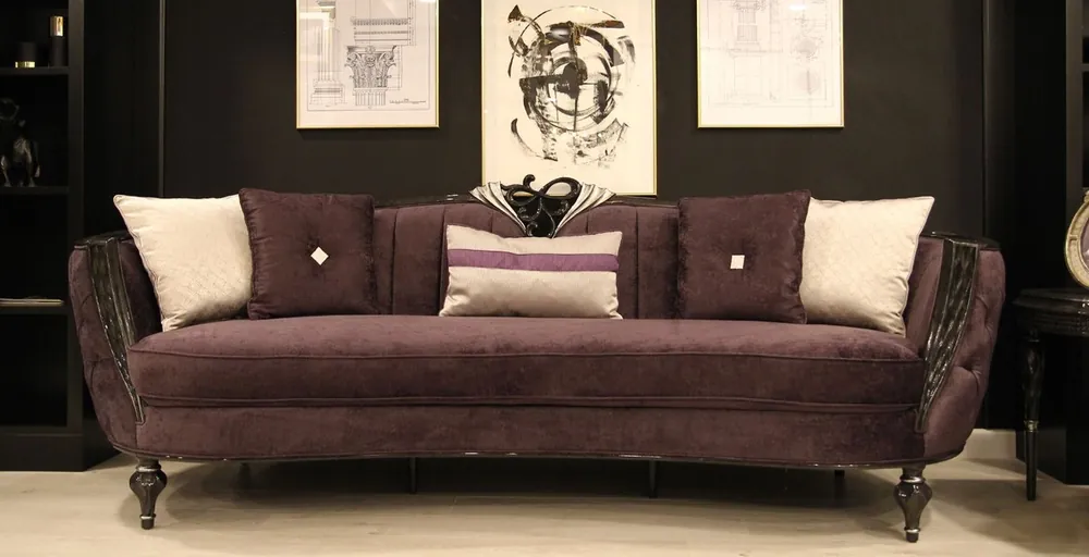 Casa Padrino sofá barroco de lujo púrpura / negro / plata 267 x 90 x A. 100 cm - Sofá de salón con tela de terciopelo fino - Muebles Barrocos Kracherpreis