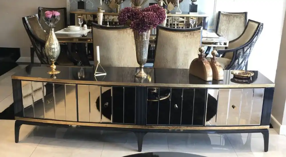 Bestseller Casa Padrino gabinete de TV barroco de lujo negro / oro 230 x 55 x A. 65 cm - Mueble de TV de madera maciza con espejo - Muebles de salón barrocos