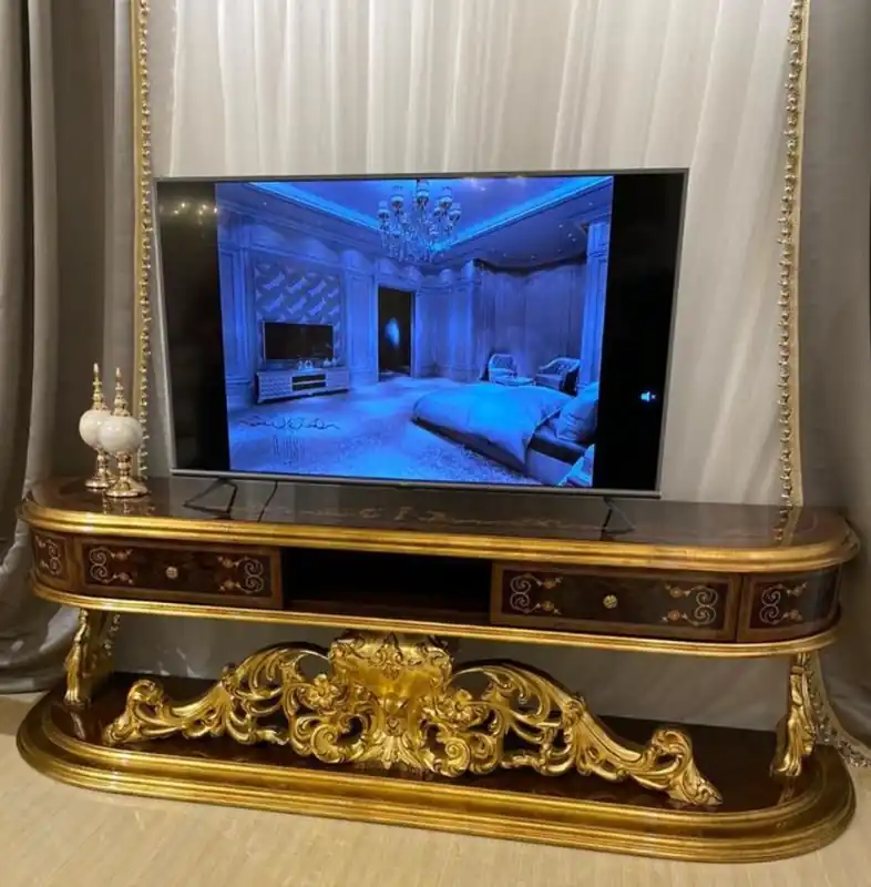 Expressversand Casa Padrino gabinete de TV barroco de lujo marrón / oro antiguo 220 x 50 x A. 70 cm - Magnífico mueble de TV de madera maciza - Muebles de salón barrocos