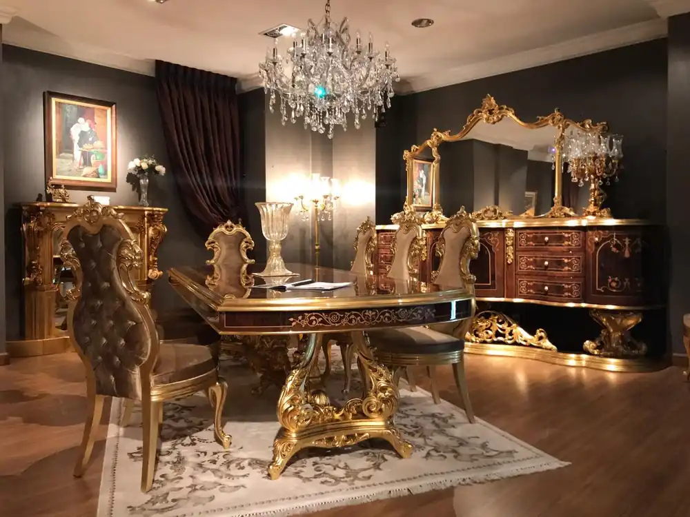 Ausverkauf Casa Padrino conjunto de comedor barroco de lujo marrón / oro antiguo - 1 Mesa de Comedor y 8 Sillas de Comedor - Muebles de comedor de estilo barroco - Noble y Magnífico