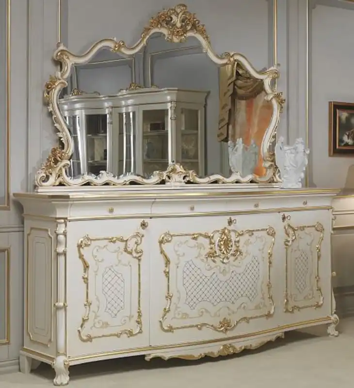 Casa Padrino conjunto de muebles barrocos de lujo aparador con espejo blanco / oro - Mueble de madera maciza con elegante espejo de pared - Muebles de Castillo de Restaurante de Hotel - Calidad de Lujo Kracherpreis