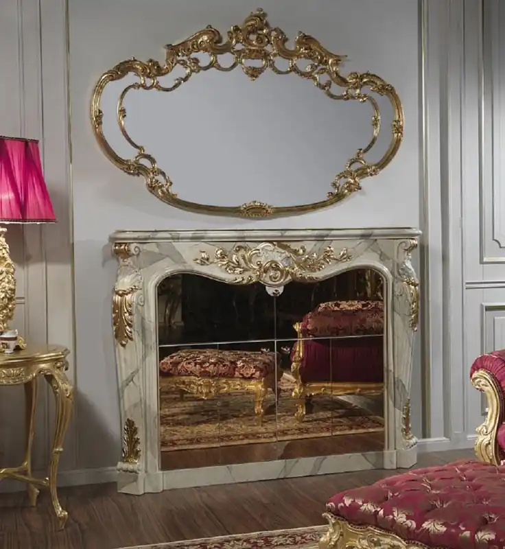 Casa Padrino conjunto de muebles barrocos de lujo armario bar chimenea con espejo de pared gris / oro - Barra para chimenea mármol artificial con espejo - Muebles de Castillo de Restaurante de Hotel Neu Im Sortiment