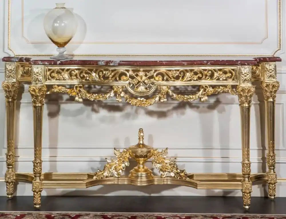 Garantierte Lieferung Casa Padrino consola barroco de lujo oro / rojo 200 x 48 x A. 93 cm - Magnífica consola tallada a mano con tapa de mármol - Muebles de Castillo de Restaurante de Hotel - Calidad de Lujo - Hecho en Italia