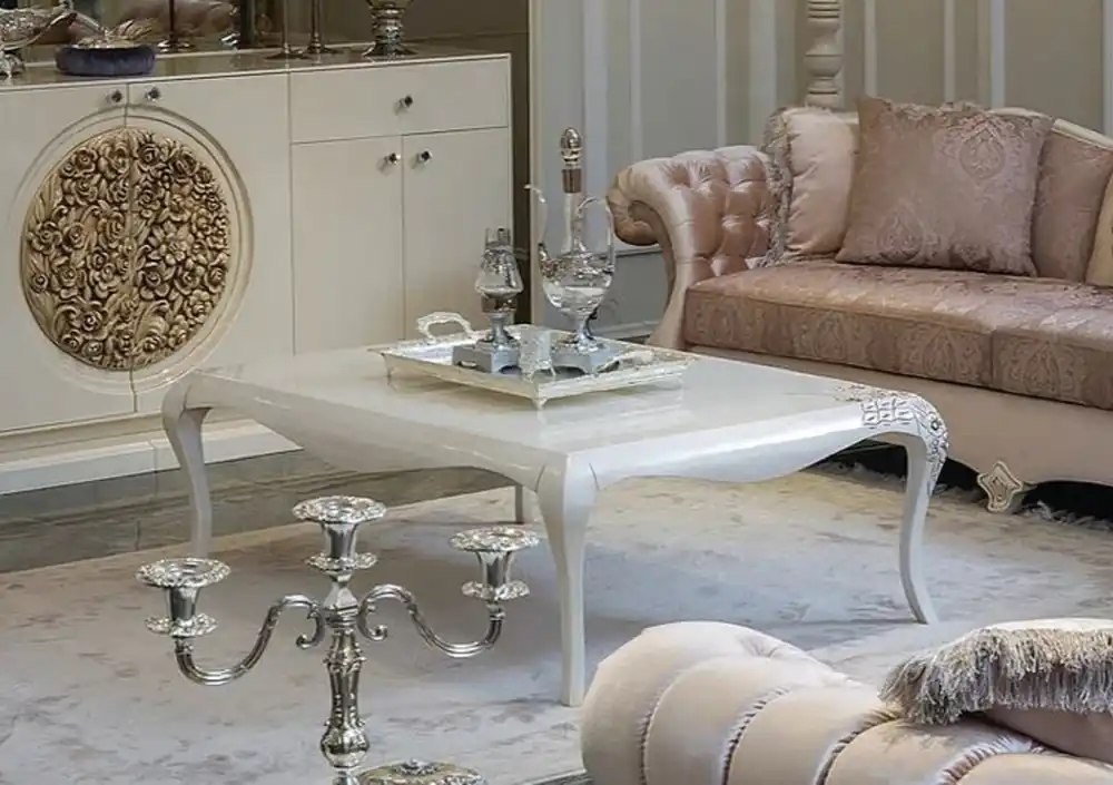 Must-Have Casa Padrino mesa de centro barroco de lujo blanco / beige 128 x 94 x A. 45 cm - Elegante mesa de salón de madera maciza en estilo barroco - Muebles Barrocos