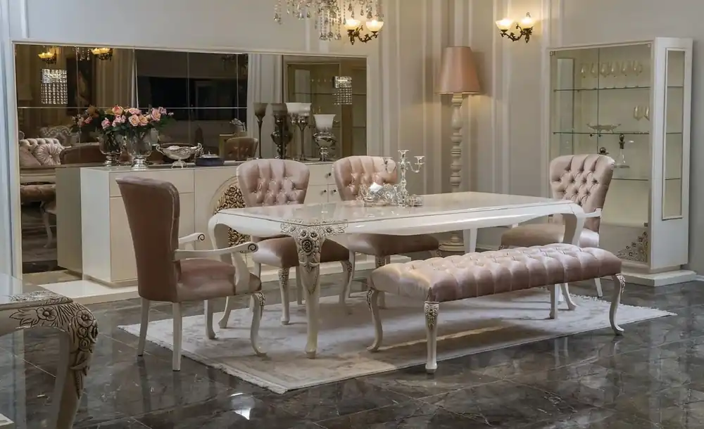 Casa Padrino conjunto de comedor barroco de lujo rosa / blanco / beige - 1 Mesa de Comedor y 4 Sillas de Comedor y 1 Banco - Muebles de comedor barrocos Schneller Versand