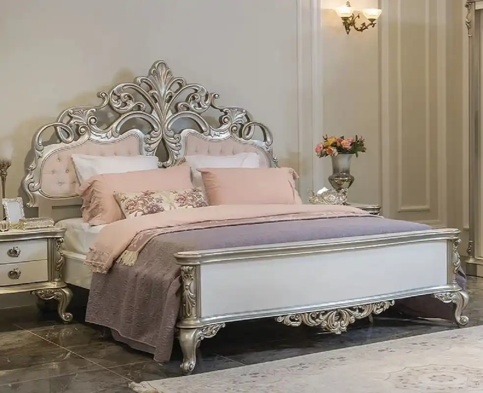 Neu Im Sortiment Casa Padrino cama doble barroco de lujo rosa / blanco / plata 200 x 228 x A. 175 cm - Cama noble de madera maciza con cabecera - Magnífica muebles de dormitorio de estilo barroco