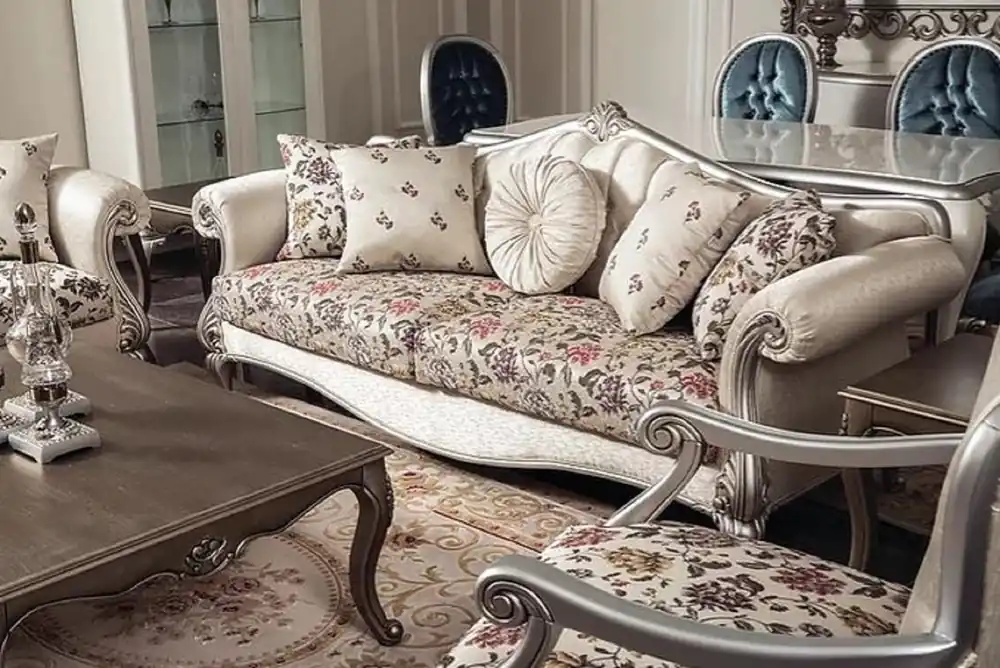 Casa Padrino sofá de salón barroco de lujo crema / beige / plata 230 x 84 x A. 99 cm - Noble sofá de salón con patrón de flores y cojines decorativos - Muebles de salón barrocos Neue Ware