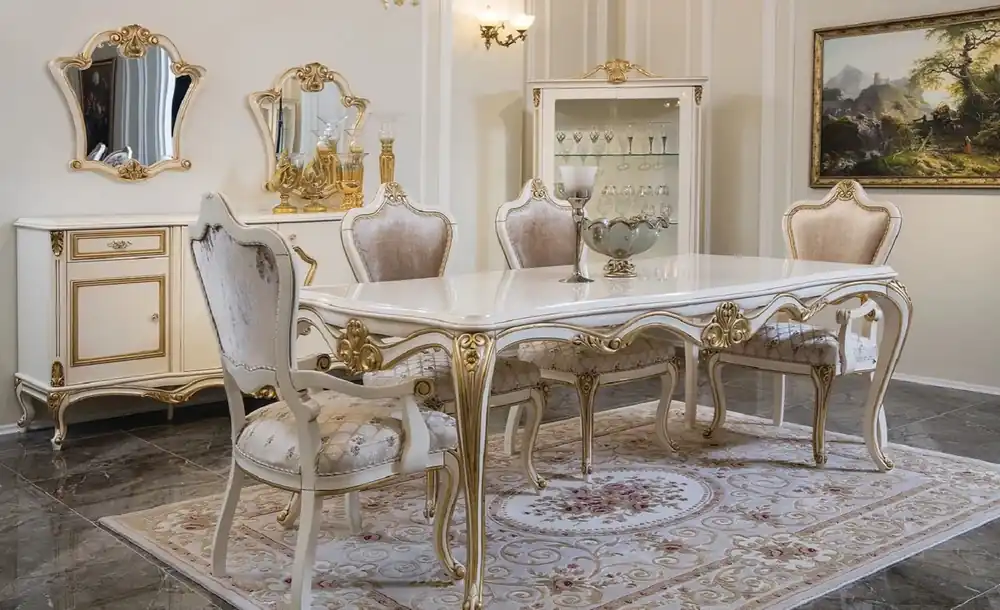 Casa Padrino conjunto de comedor barroco de lujo rosa / blanco / oro - 1 Mesa de Comedor y 6 Sillas de Comedor - Muebles de comedor en estilo barroco - Noble y Magnífica Preisknaller