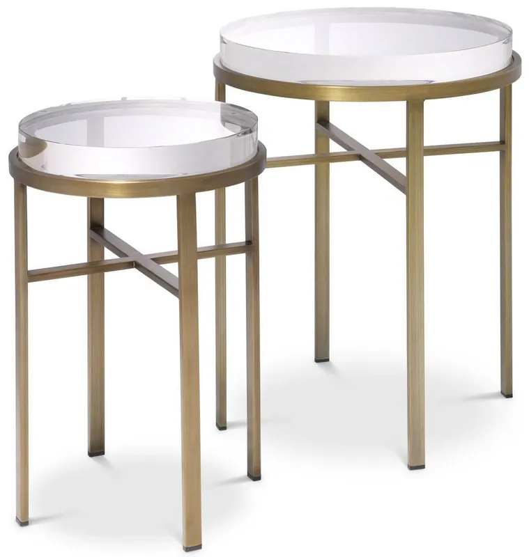 Sichere Zahlung Casa Padrino conjunto de mesa auxiliar de lujo latón - 2 Mesas redondas de acero inoxidable con tapa de vidrio - Muebles de Salón de Lujo