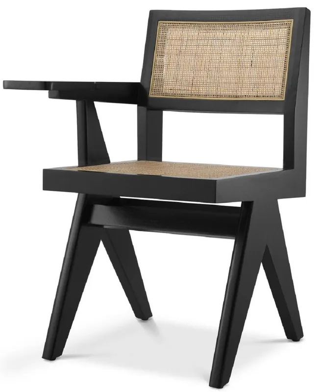 Casa Padrino silla de oficina de lujo negro / natural 44 x 54 x A. 85,5 cm - Silla de madera maciza con mimbre de ratán y estante - Muebles de oficina de lujo Top-Angebot