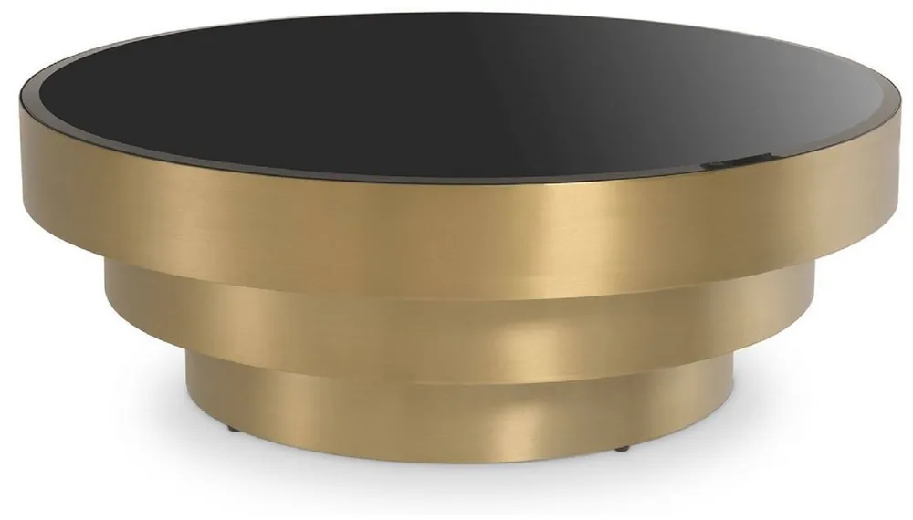 Abverkauf Casa Padrino mesa de centro de lujo latón / negro Ø 100 x A. 36 cm - Mesa de salón moderna redonda de acero inoxidable con tapa de vidrio - Muebles de salón - Muebles de Lujo