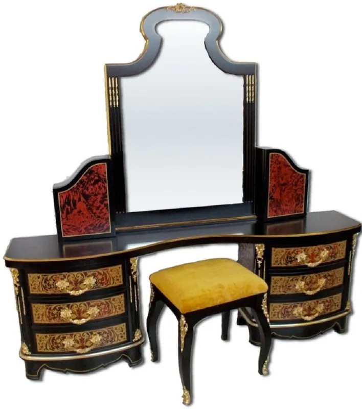 Mega-Angebot Casa Padrino conjunto de dormitorio boulle barroco de lujo negro / rojo / oro - 1 Tocador con Espejo y 1 Taburete - Magnífico muebles de dormitorio en estilo barroco - Calidad de Lujo - Hecho en Italia