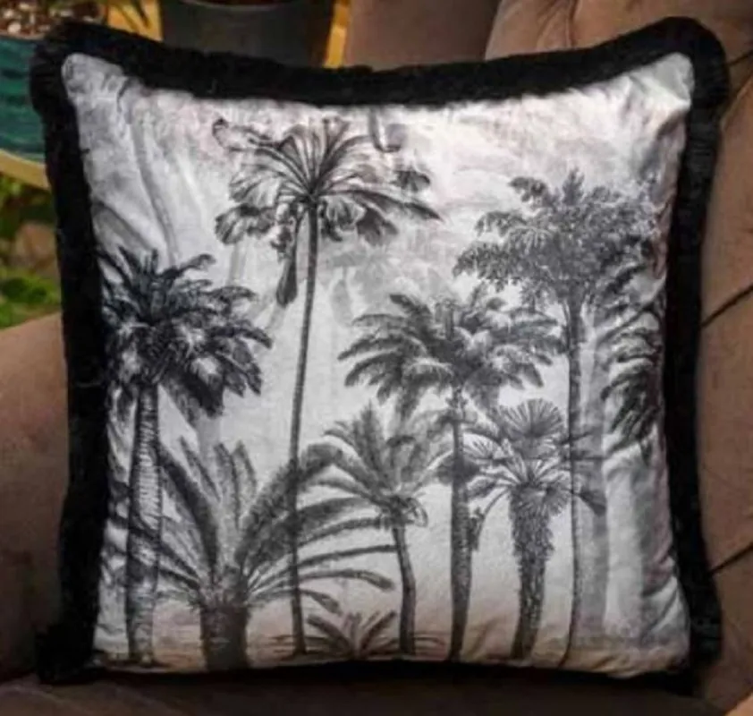 Casa Padrino almohada decorativa de lujo diseño palmeras gris / negro 45 x 45 cm - Almohada de terciopelo estampada con flecos - Accesorios Decorativos Neuheit