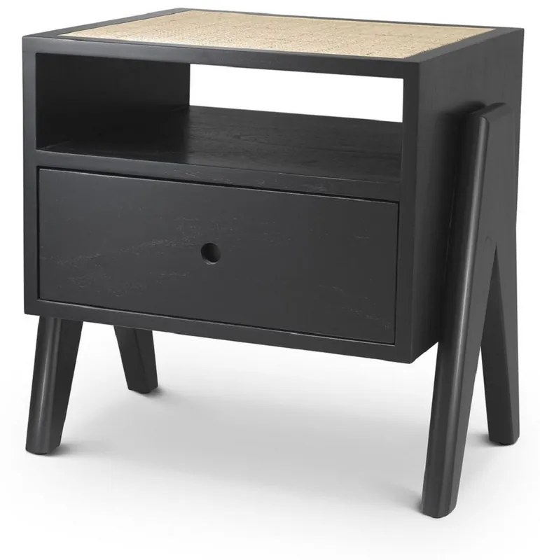 Billig Casa Padrino mesita de noche de lujo negro / natural 58 x 45 x A. 55,5 cm - Mesa auxiliar de madera maciza con tejido de ratán - Muebles de dormitorio de lujo