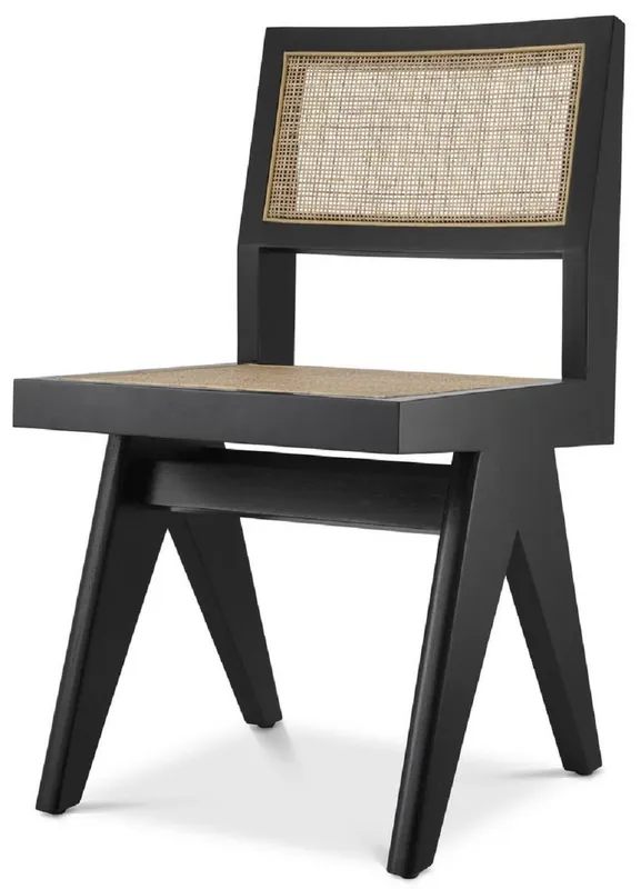 Casa Padrino silla de comedor de lujo negro / natural 44 x 54 x A. 85,5 cm - Silla de madera maciza con ratán - Muebles de comedor de lujo Heißes Angebot