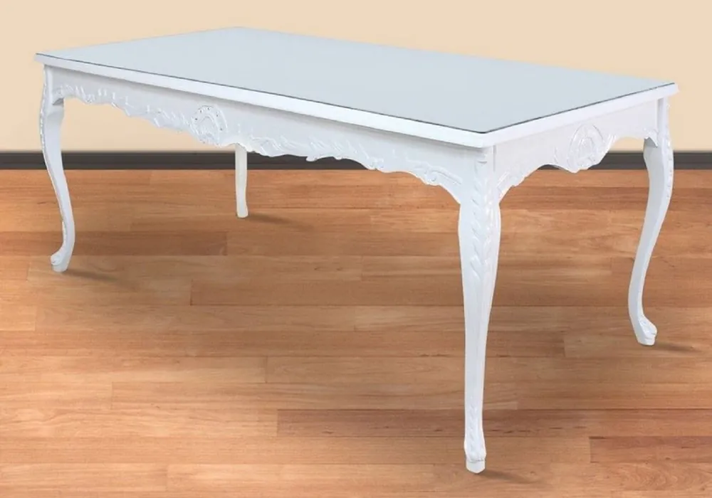 Casa Padrino mesa de comedor barroco blanco 200 x 100 x A. 90 cm - Mesa de cocina de madera maciza con tapa de vidrio - Muebles de comedor barrocos Sonderangebot