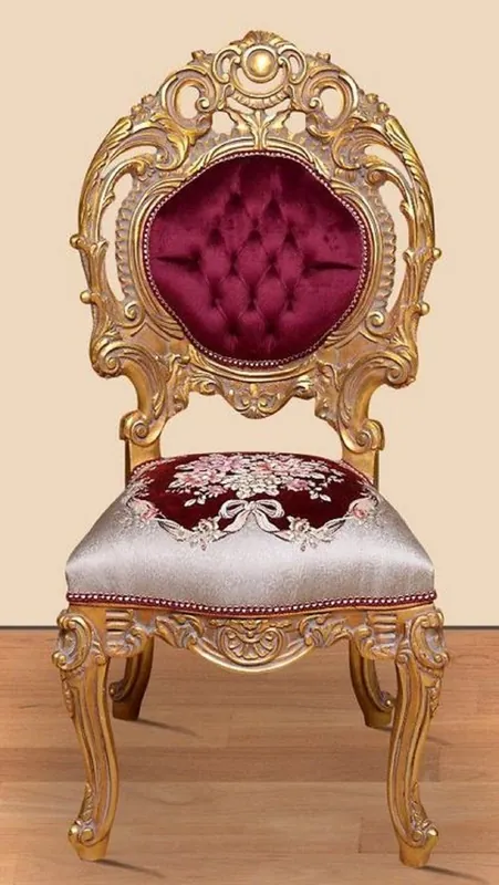 Saisonangebot Casa Padrino silla de comedor barroco rojo burdeos / plata / oro 60 x 50 x A. 120 cm - Magnífica silla de cocina de madera maciza con patrón noble - Muebles de comedor barrocos