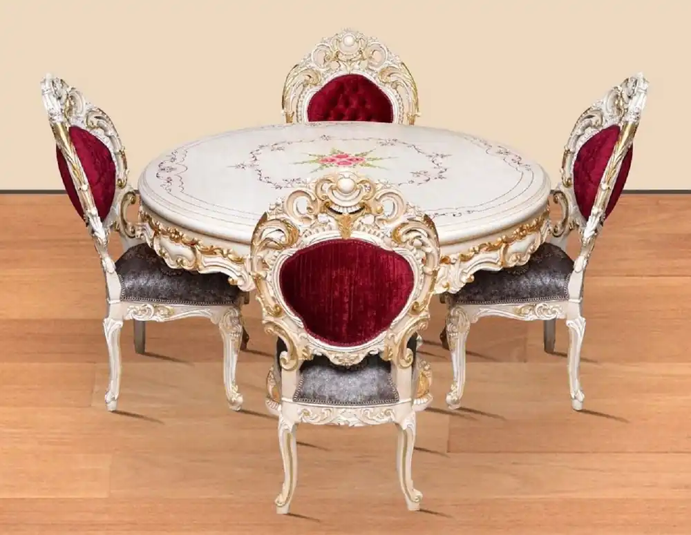 Neue Kollektion Casa Padrino conjunto de comedor barroco rojo burdeos / gris / blanco / oro - 1 Mesa de Comedor Redonda y 4 Sillas de Comedor - Magnífica muebles de comedor de estilo barroco